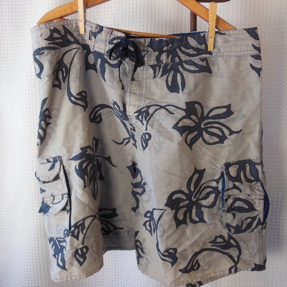 Quicksilver vintage board shorts, 2 pockets grey tropical flowers 36 tie front - Picture 2 of 11